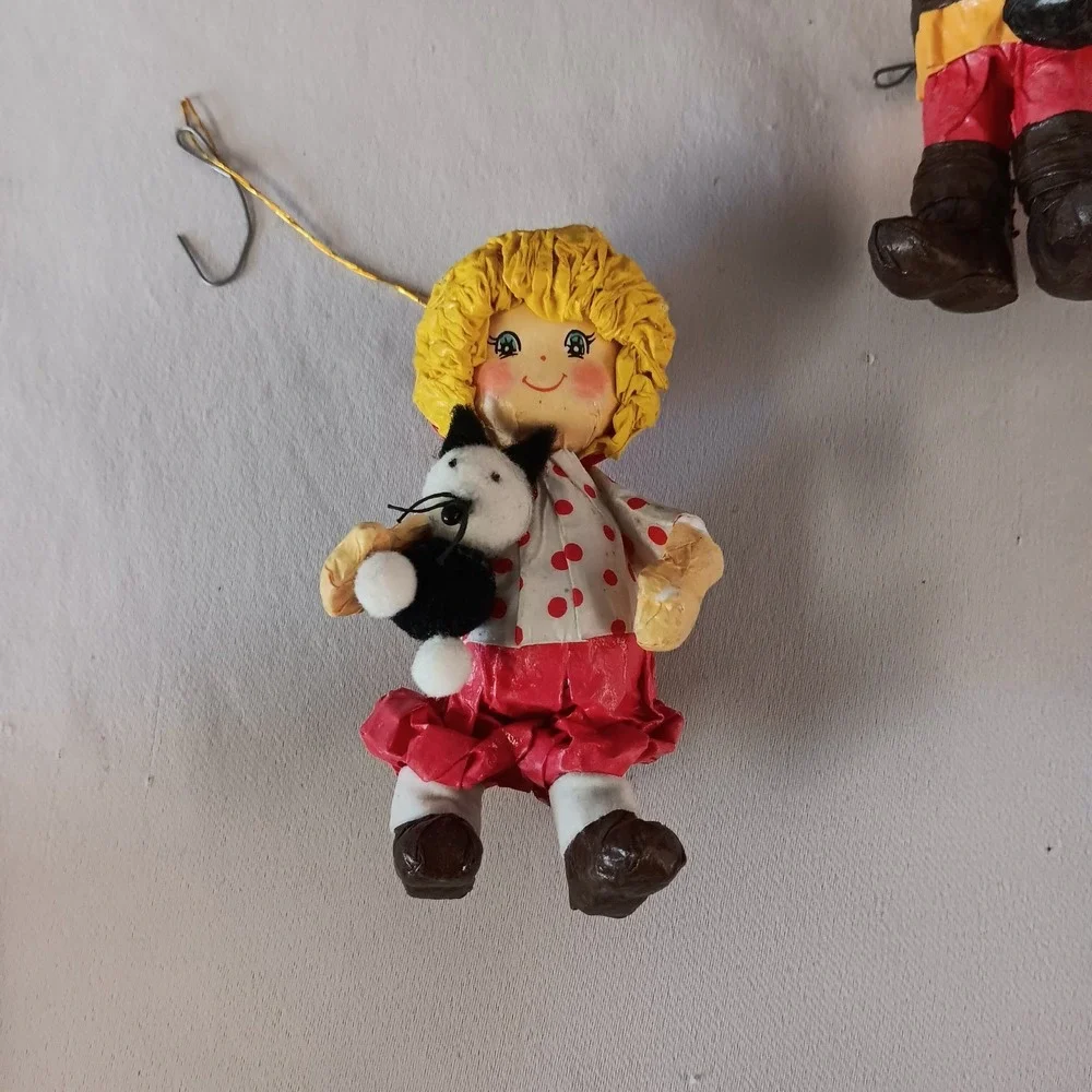 Vintage Paper Mache Christmas Ornaments Set 4 Santa Elf Folk Art Figures‎ Retro